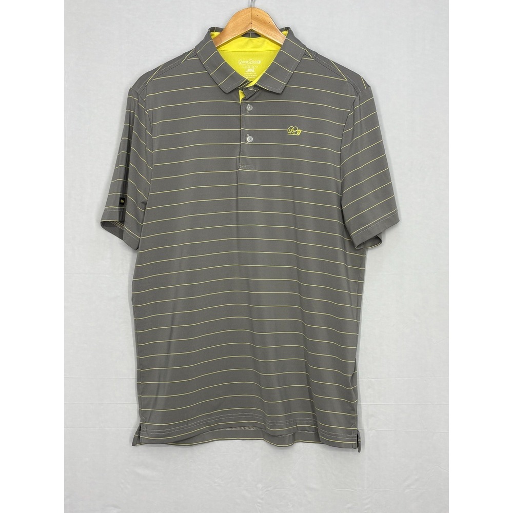 Good Good Golf Polo Shirt Mens Gray Striped Logo Short Sleeve Stretch Size Large